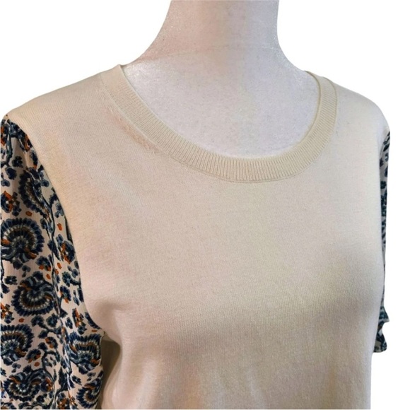 J. Crew Factory Mixed Media Cream for Knit Top with Blue Paisley Sleeves - Picture 7 of 10